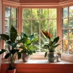 Bay window decorated with large indoor plants including Bird of Paradise in ceramic pots, showcasing natural light and greenery.