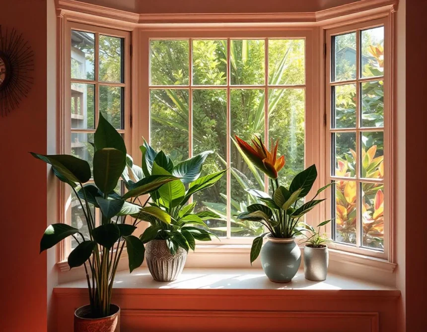 Bay window decorated with large indoor plants including Bird of Paradise in ceramic pots, showcasing natural light and greenery.