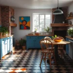 A cozy kitchen with a vintage aesthetic, featuring blue cabinets, wooden countertops, and a checkered black-and-white floor. The space is well-lit with natural sunlight streaming through a large window. There are potted plants, a bowl of fruit on the table, and a framed artwork on the wall.