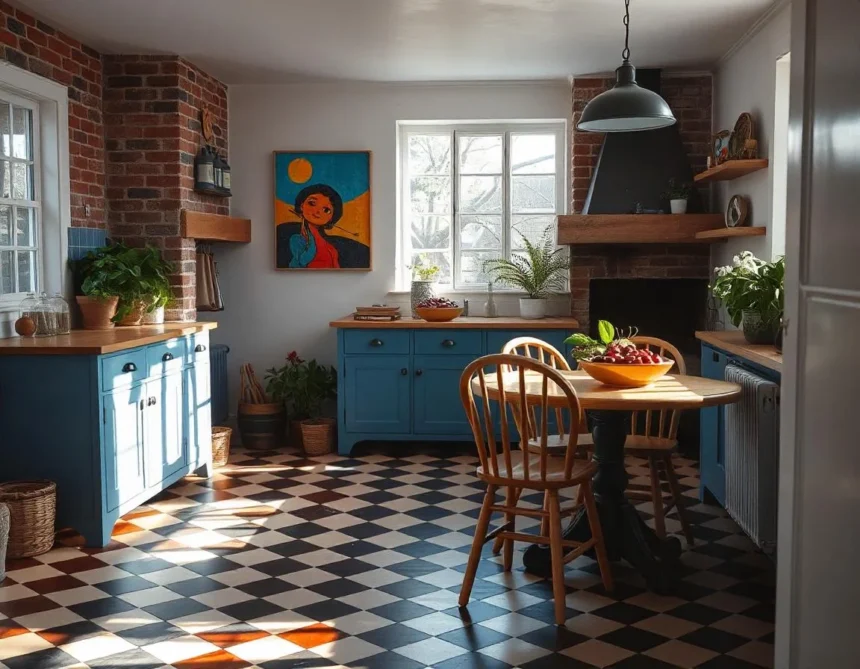 A cozy kitchen with a vintage aesthetic, featuring blue cabinets, wooden countertops, and a checkered black-and-white floor. The space is well-lit with natural sunlight streaming through a large window. There are potted plants, a bowl of fruit on the table, and a framed artwork on the wall.