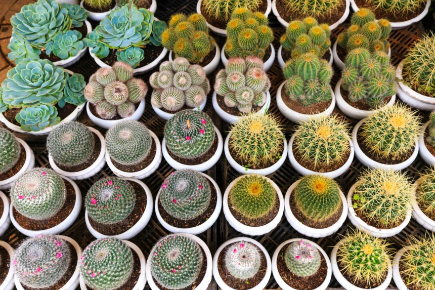 A collection of potted succulents and cacti arranged neatly in rows. Each pot contains a unique variety, showcasing the diversity in shapes, colors, and textures among these plants.