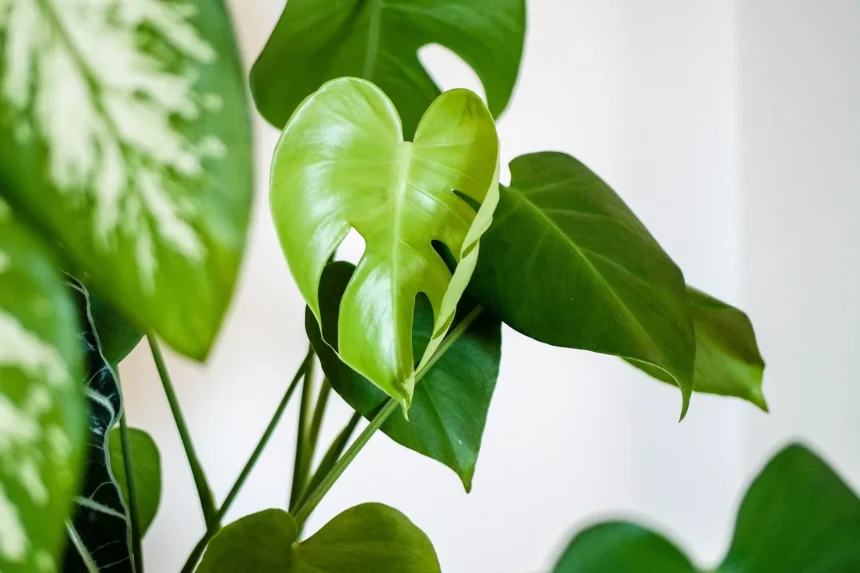 Close-up of a rare houseplant with vibrant green leaves, featuring a unique heart-shaped and fenestrated leaf.